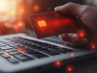 hand grips credit card beside laptop displaying notification indicating suspicious payment activity. red alert symbol highlights danger of online fraud affecting users.