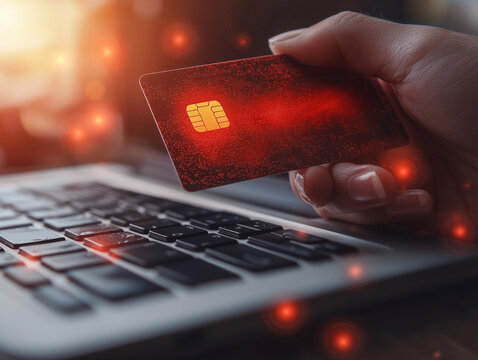 hand grips credit card beside laptop displaying notification indicating suspicious payment activity. red alert symbol highlights danger of online fraud affecting users.