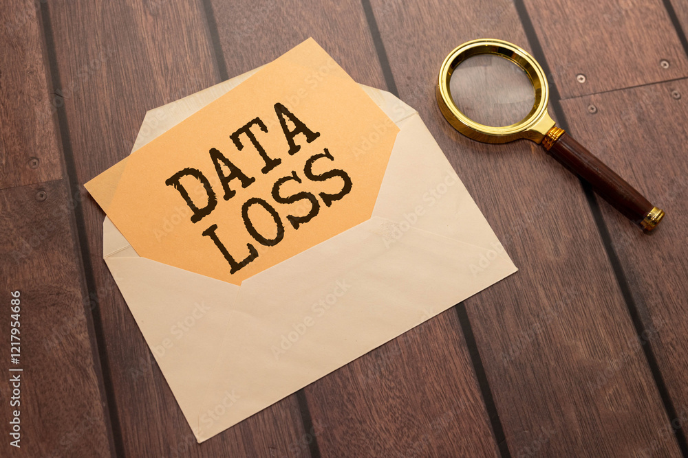 Poster text data loss on tablet display in businessman hands on the white background.
