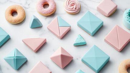 Obraz premium A colorful flat-lay of minimalist geometric desserts, featuring cube-shaped cakes, triangular cookies