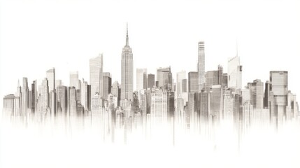 Monochrome sketch of a city skyline, modern architecture, urban landscape.