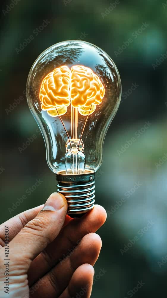 Poster creative representation of a brain illuminated inside a light bulb held by a hand in a natural setti