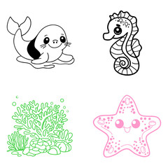 logo representation of Fish and Coral Reef Ecosystems, starfish, dynamic underwater seahorses