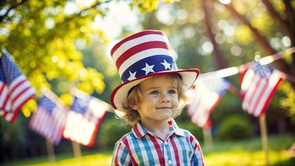 Uncle Sam hat on a child's head, smiling in a festive outdoor setting with American flags