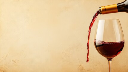   A glass of red wine pours from a bottle into a wine glass