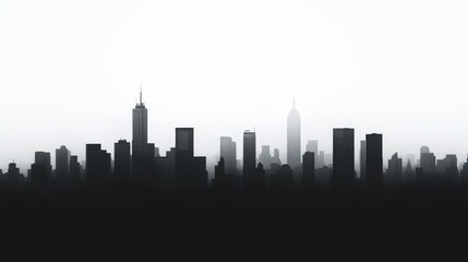 Naklejka premium Silhouette of a city skyline at dusk, featuring iconic buildings against a foggy backdrop