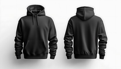 Men's black hoodie template shown from two sides, on an invisible mannequin for a natural look, isolated on white background, perfect for print mockups.