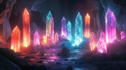 Glowing Crystalline Cavern A mesmerizing magical landscape of vibrant gemstones neon like lights and ethereal reflections in an enchanting underground cavern  This surreal