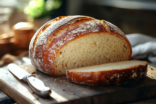 round loaf of artisan bread sits on wooden cutting board partially sliced reveal its soft interior. sharp knife rests nearby illuminated bright natural light.