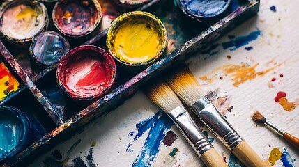Fototapeta premium Vibrant Watercolor Palette and Brushes: A Close-Up of Artistic Tools