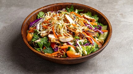   Wooden bowl with greens, veggies, cheese