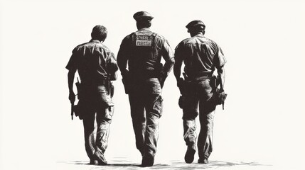 Three police officers walking away from the camera, monochrome illustration.