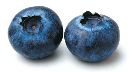 Obraz premium Two blueberries resting on a white background, with a nibble taken from one