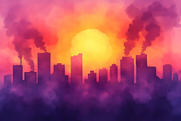 Obraz premium Smog-shrouded city sunset, pollution