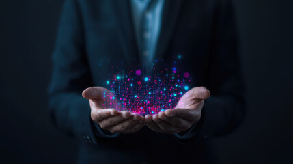 Businessman holding a glowing holographic business model, futuristic planning, innovative concept, symbolizing technology and innovation