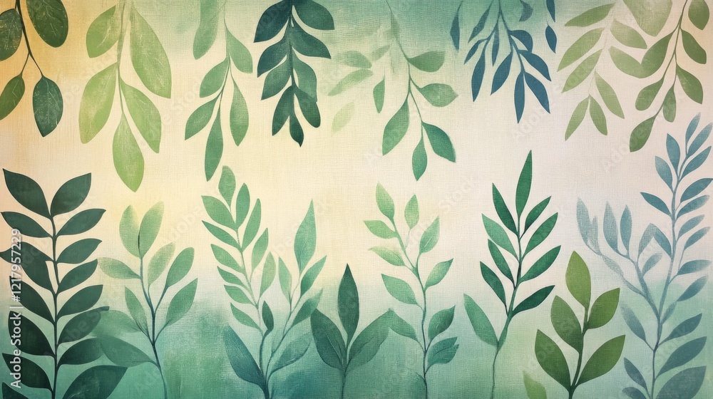 Poster a serene background of green foliage with varying leaf shapes and shades, creating a calming atmosph