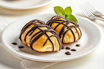 Deliciously Baked Pastries with Chocolate Drizzle on a White Plate Garnished with Mint Leaves Creating an Inviting Dessert Presentation
