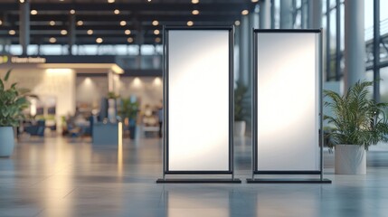 Mockup of three vertical roll-up banners at a trade fair, ideal for promoting products or services.