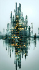 Fototapeta premium Futuristic refinery reflecting, foggy dawn