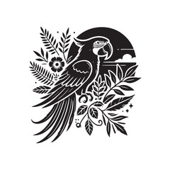 Black Color Macaw silhouette design Vector Illustration, Solid White Background (5).eps