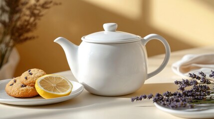 Fototapeta premium Modern white ceramic teapot with lemon and cookies on a light-colored table adorned with lavender and natural sunlight