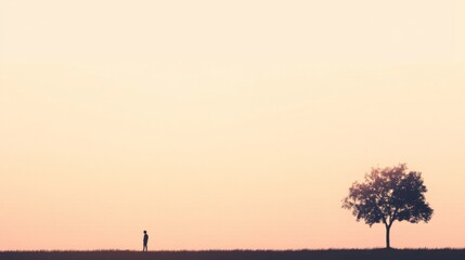 Obraz premium A solitary figure stands in a vast field at sunset, with a single tree silhouetted against the sky