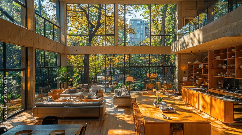 Poster modern home design with large windows and autumn trees