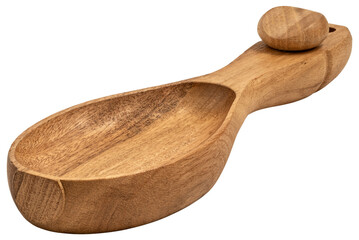 Handcrafted wooden scoop with a natural finish, isolated on a transparent background, ideal for kitchen or decorative purposes.