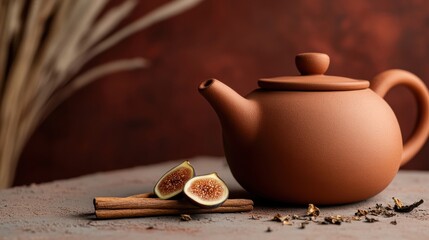 Rustic terracotta teapot surrounded by fresh figs and fragrant cinnamon on a textured surface