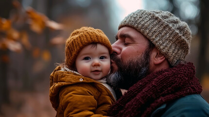 Obraz premium A Father's Tender Kiss: Capturing a Heartwarming Moment of Autumnal Love
