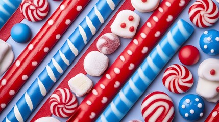 Fototapeta premium Red white blue candy stripes playfully arranged vibrant flatlay. AI Generated
