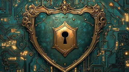 Fototapeta premium Ornate teal shield secures digital data glowing circuit board background. AI Generated