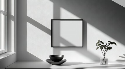 Fototapeta premium A B&W image of a vase with a plant inside and a hanging picture frame on the wall