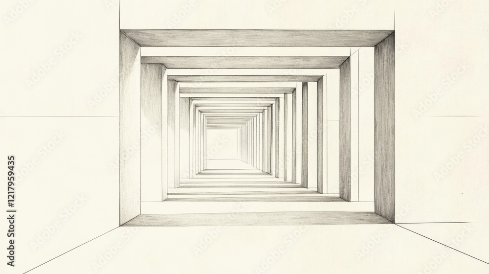 Poster abstract perspective of a geometric tunnel structure leading to a bright light source