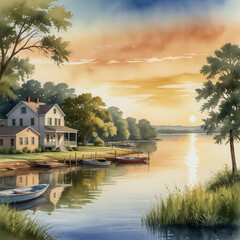 Fototapeta premium watercolor illustration of Eufaula, Oklahoma, capturing its lakeside charm and natural beauty