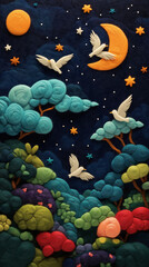 日本の伝統作品｜繊細なフェルトで作成された満月、星空、飛び立つ鳥と田舎の風景のハンドメイドによる作品。絵本のような優しい絵柄は挿絵やイメージ画としても使用出来、見る人の心を癒す。スマートフォン9:16のアスペクト比	
