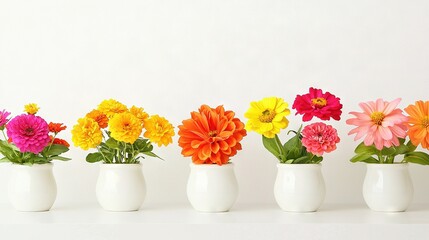 Fototapeta premium A row of white vases holding diverse-colored flowers rests atop a white table beside a white background