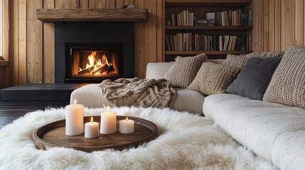 Cozy cabin living room warmly lit fireplace inviting neutral tones. AI Generated