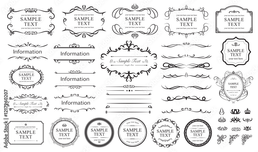 Poster old ornate labels and borders. vintage frames and scroll elements. set of text delimiters and corner
