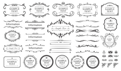 Old ornate labels and borders. Vintage frames and scroll elements. Set of text delimiters and corner. Vector ornament..eps
