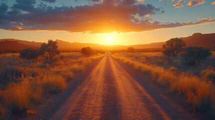 A dirt road leads toward a vibrant sunset in a desert landscape with mountains in the distance