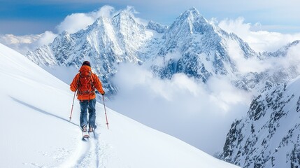 Skier Ascending Snowy Mountain Range Under Cloudy Sky