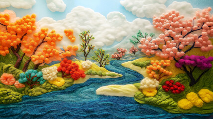 豊かな自然とカラフルな木々が広がる川沿いの風景。手作りのフェルトアート作品。日本の美しい風景。保育園や幼稚園に飾られているようなイメージ。ハンドメイドの温かかな温度を感じる作品。