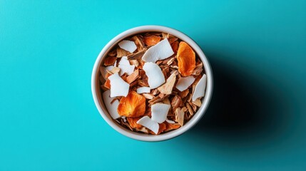Tropical fruit tea mix featuring dried papaya, coconut flakes, and floral notes presented in a round bowl against a turquoise background