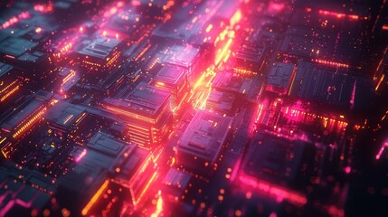 Fototapeta premium Futuristic cityscape with vibrant neon lights and glowing structures.