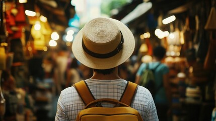 Fototapeta premium A tourist with a straw hat and backpack enjoying the vibrant atmosphere of Chatuchak Weekend Market, browsing local crafts and souvenirs.