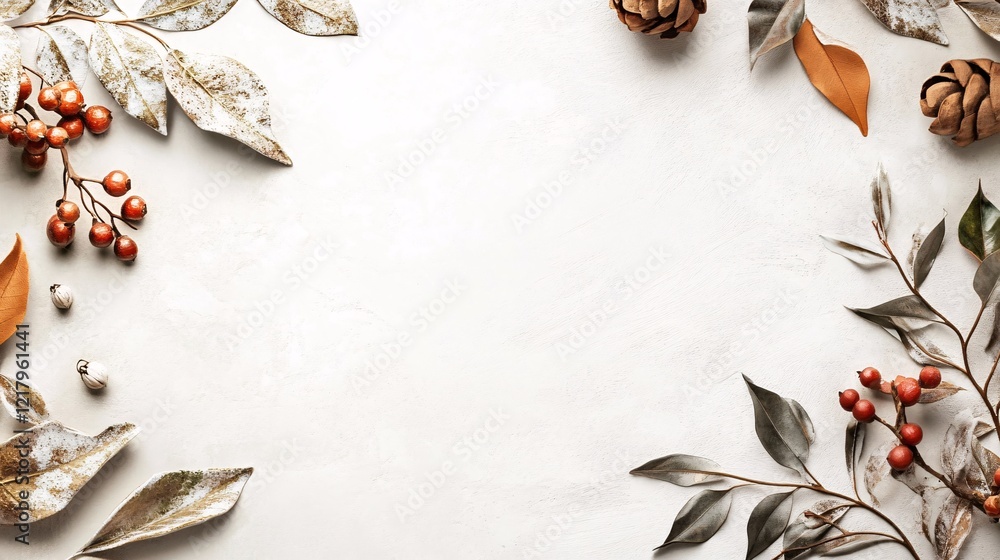 Poster autumnal frame composition with pine cones, berries, and leaves creating copy space