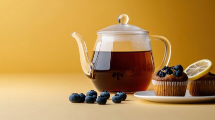 Glass teapot filled with rich tea and garnished with blueberries and lemon on a warm yellow background
