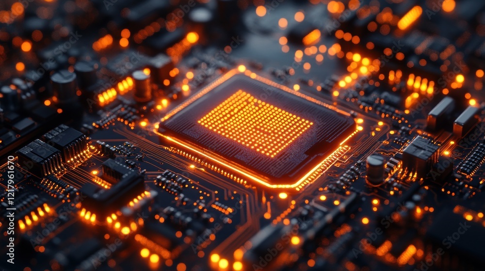 Poster illuminated circuit board: a close-up of a microprocessor