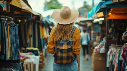 Obraz premium A young woman walking through the vibrant stalls of Chatuchak Market, browsing for trendy clothes and accessories while enjoying her trip.